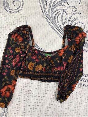 FARM RIO Floral Puff-Sleeve Cropped Top - Black with Orange & Pink Floral